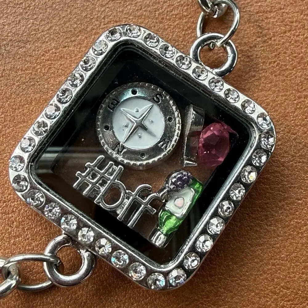 BFF Compass Magnetic Floating Glass Locket Silver Tone Charm Bracelet